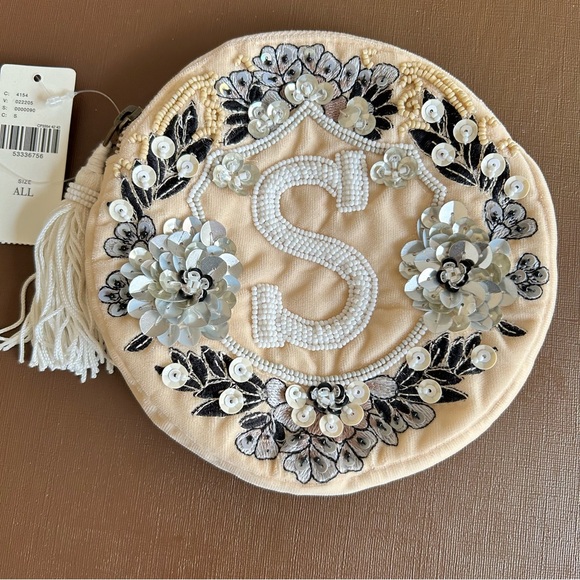 Anthropologie Handbags - Anthropologie Embellished Floral “S” initial Pouch with Tassel